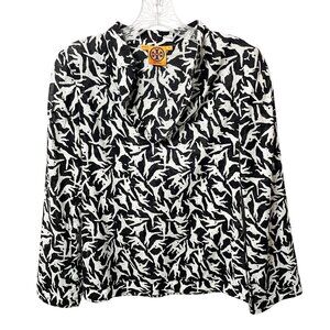 TORY BURCH Women's Black & White Monkey Print Sequins V-Neck Cotton Blouse Sz 0